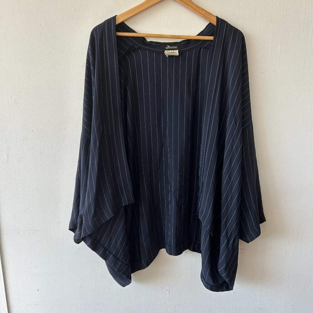 Eskandar Silk Poncho Jacket Womens XL Navy Pinstripe Open VTG Old Money Luxury